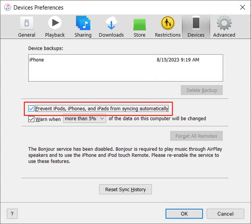 iTunes Devices Preferences Prevent iPhone From Syncing