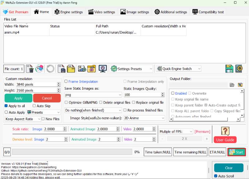 Waifu2x Start Upscaling